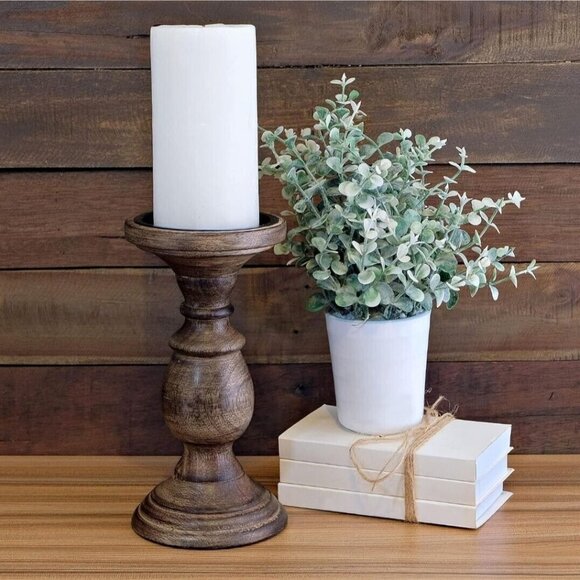 2x Mainevent Tall Pillar Candle Holder 8 in Dark Brown Rustic Wood Decor - Picture 6 of 15